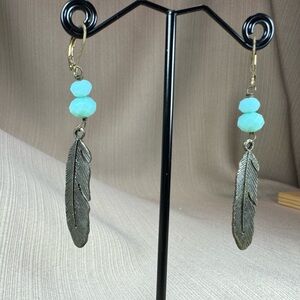 Elegant Silver Feather Earrings with Blue Accents